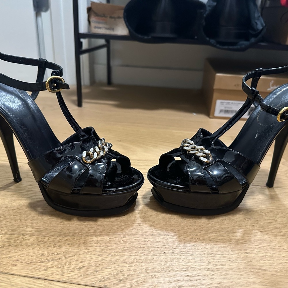 YSL Saint Laurent Tribute Black Patent Leather with Gold Chain link 38